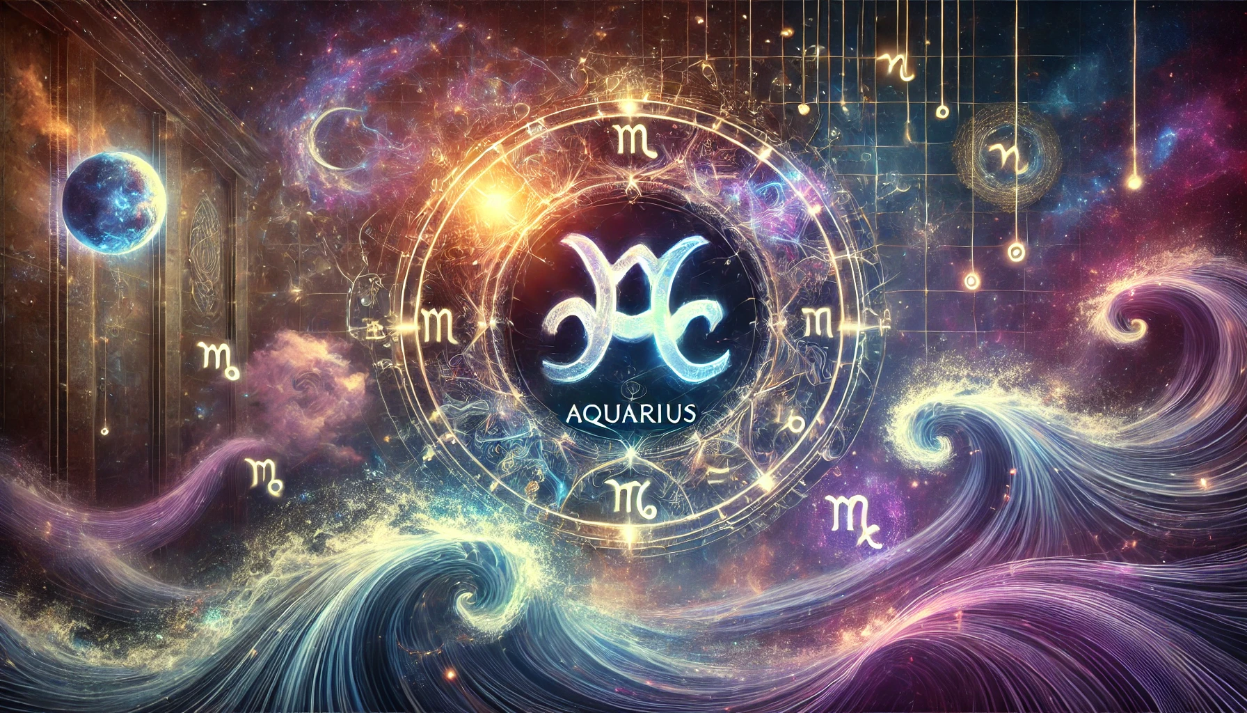 A cosmic and mystical digital artwork featuring Aquarius as the central zodiac sign, illuminated by glowing constellations, swirling galaxies, and a futuristic holographic astrological chart. The Aquarius symbol is prominently displayed, representing innovation, independence, and forward-thinking energy. The background blends deep purples, blues, and cosmic gold, enhancing the celestial and astrological theme. This Aquarius-themed horoscope image reflects the sign's visionary nature, intellectual curiosity, and connection to progressive ideas, aligning with its astrological influences.